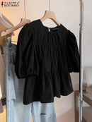 ZANZEA Women Summer Tops Short Sleeve Blouse 2025 Casual Solid Color Tunic Female Ruffled Round Neck Pleated Blusas Oversized