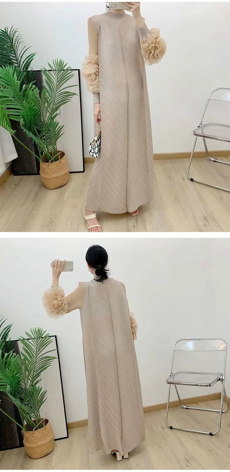 ANLAN Miyake Pleated Maxi Long Dress Mesh Petal Sleeve Half Turtleneck Formal Dresses for Women 2024 New Hot Sales 6KK9927 - M & M Global
