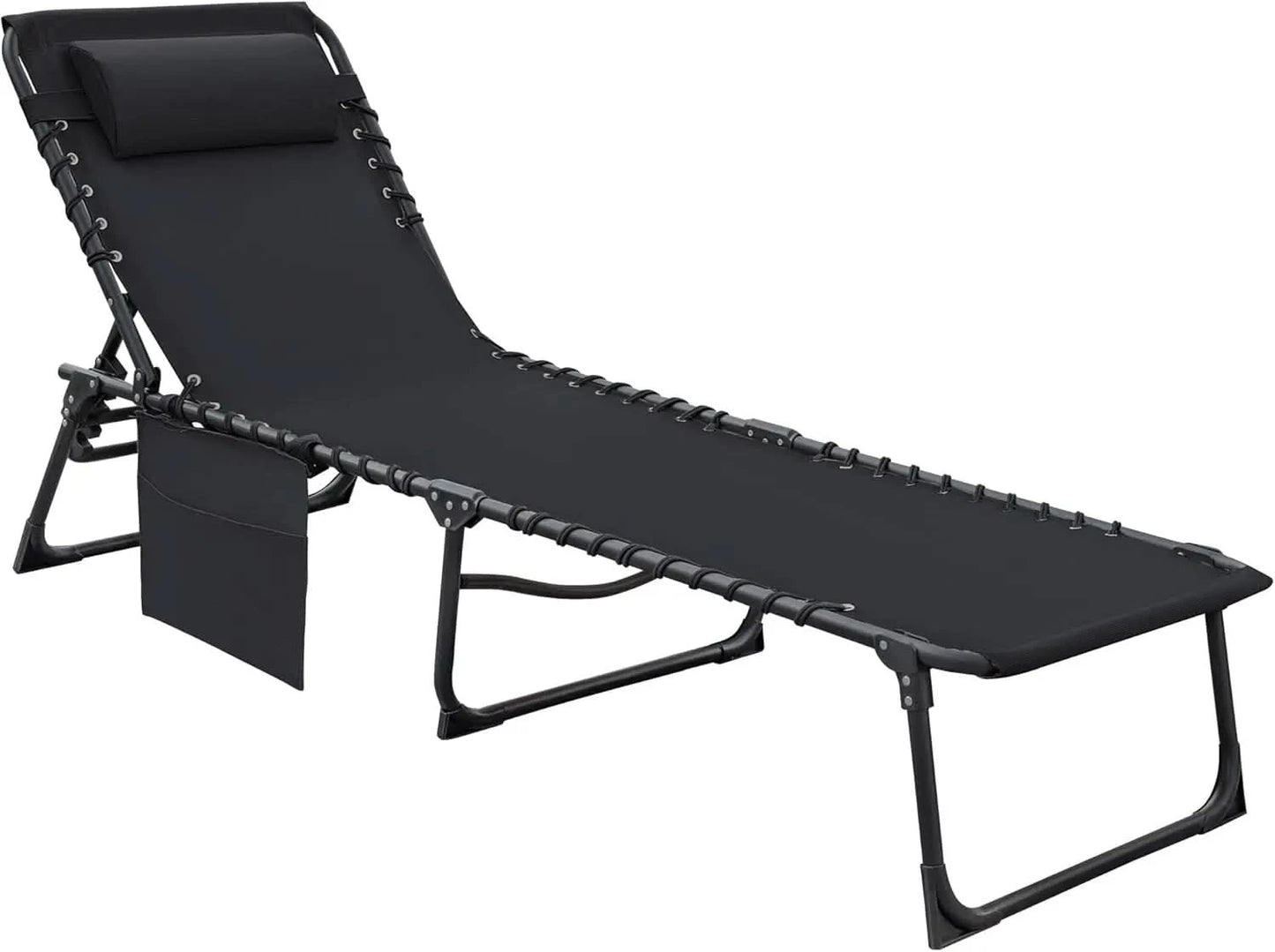 Foldable Chaise Lounge Chair 5-Position Adjustable, Tanning Chair with Side Pocket, Outdoor Sunbathing for Pool, Beach, Patio,