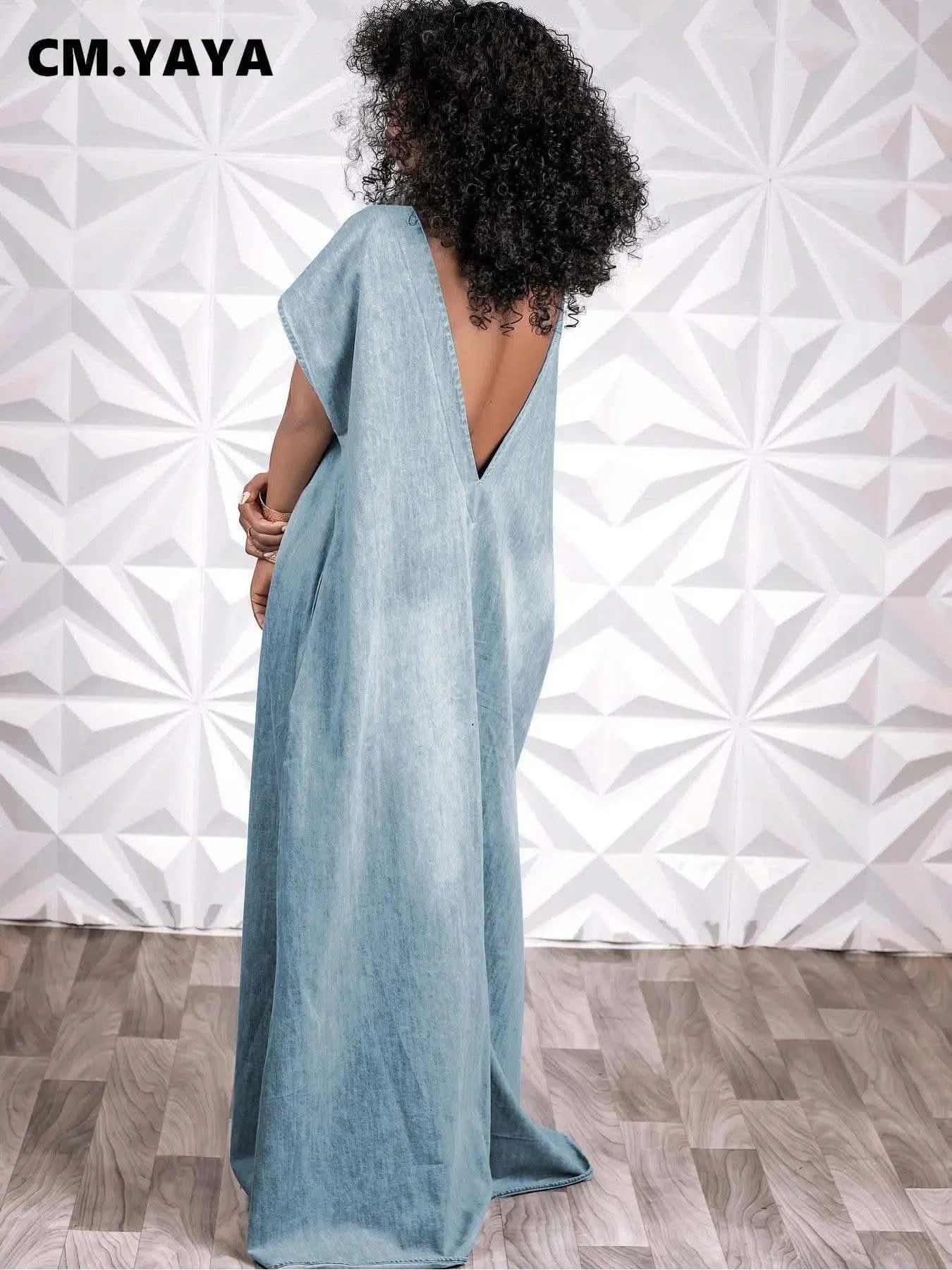 CM.YAYA Vintage Women Fashion Batwing Short Sleeve Denim V-back Loose Slim Maxi Long Dress 2023 High Street Vestido Jean Dresses - M & M Global