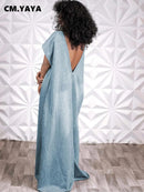 CM.YAYA Vintage Women Fashion Batwing Short Sleeve Denim V-back Loose Slim Maxi Long Dress 2023 High Street Vestido Jean Dresses - M & M Global