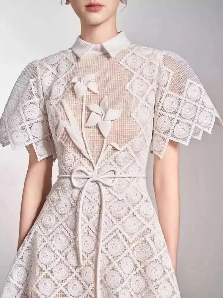 UCXQ Elegant Long Dress Fairy Style Embroidery Lace Patchwork Short Sleeve Waist Party Dresses For Women 2025 Spring Summer 9302 - M & M Global