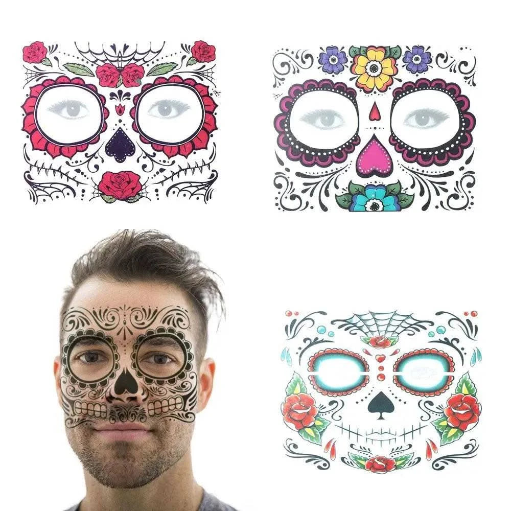 Day of The Dead Skull Face dress up Temporary Tattoo Stickers Pop Halloween Facial makeup Special Waterproof Face tattoo - M & M Global