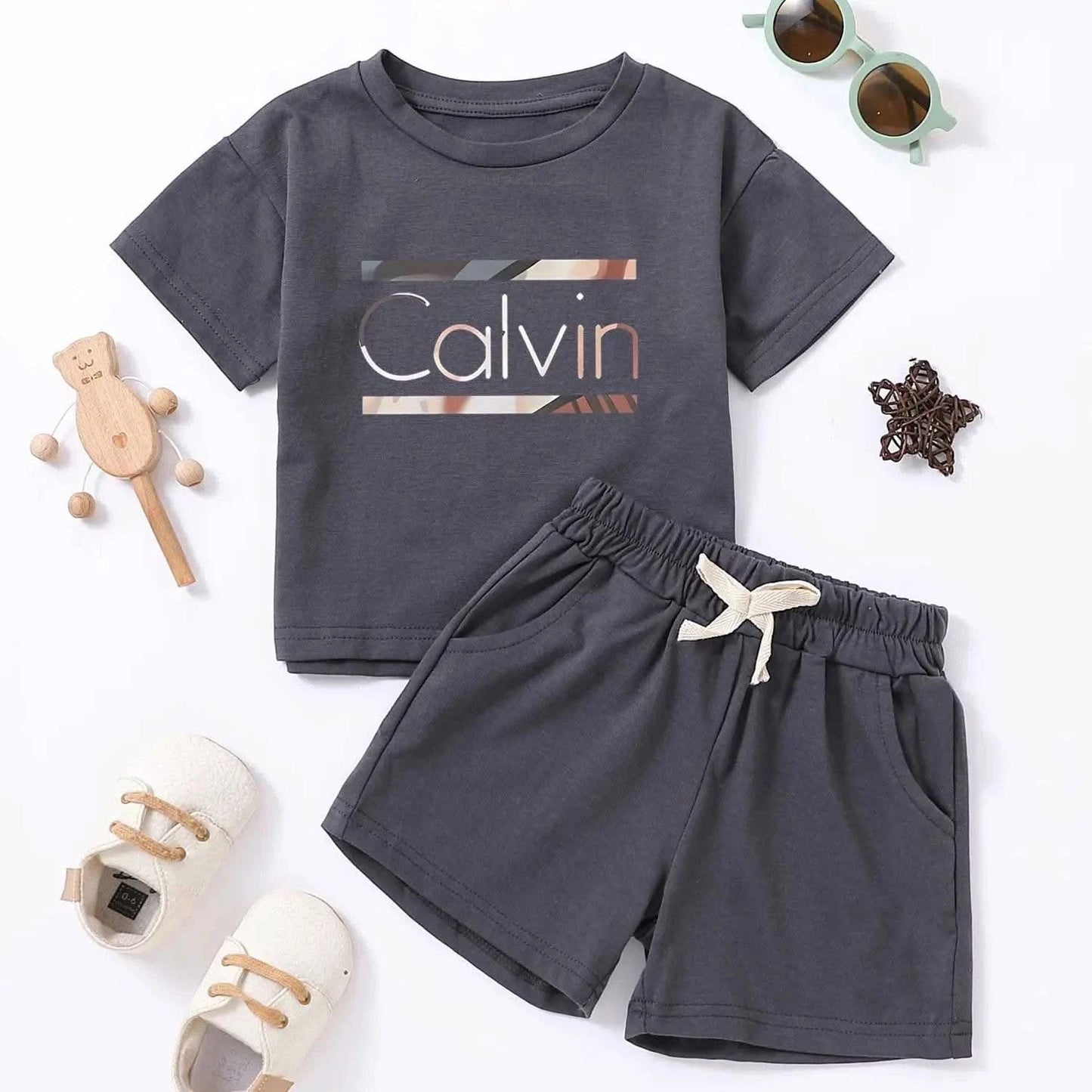 Children Calvin Letter Print Suits Cotton T-shirts + Shorts 2PCS Clothes Sets Boys Girls Fashion Outfits 1-7Y - M & M Global