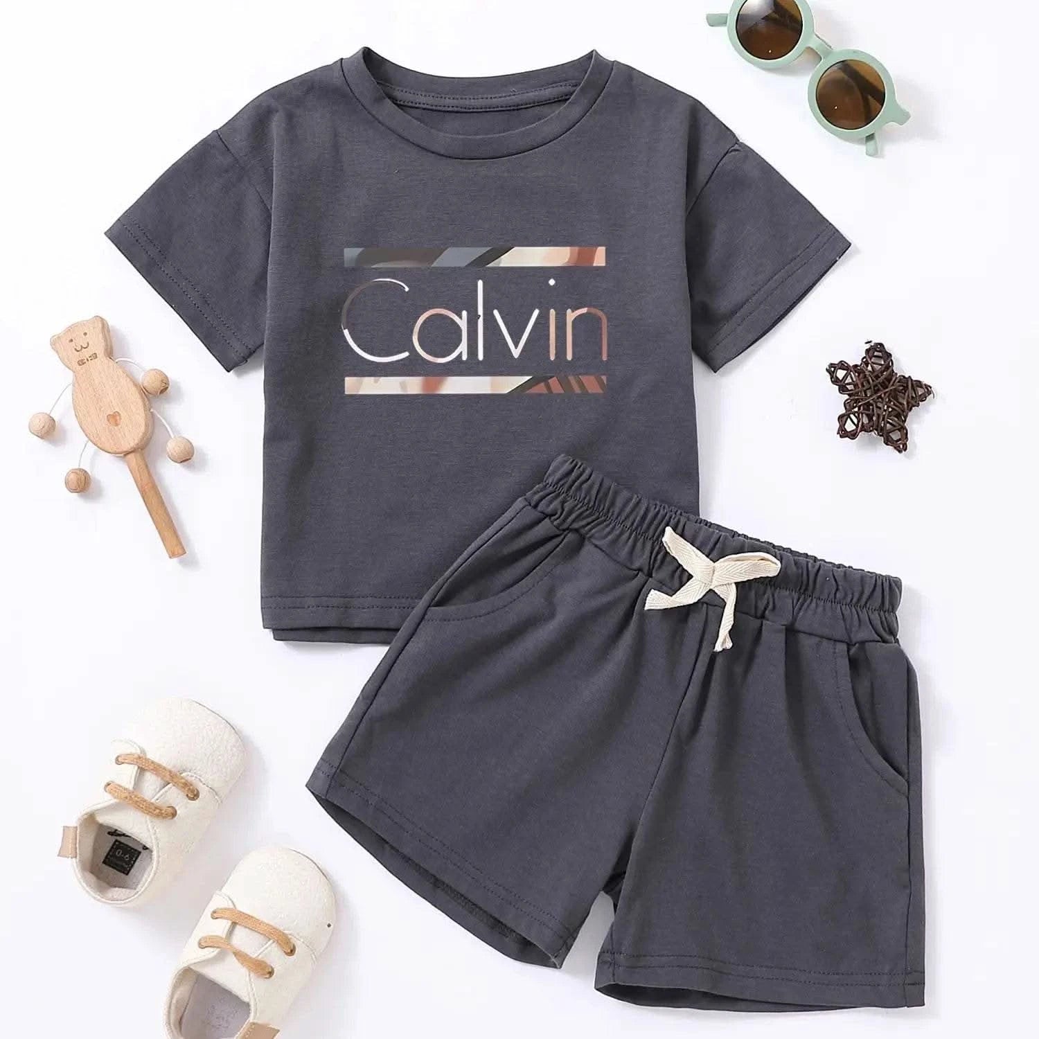Children Calvin Letter Print Suits Cotton T-shirts + Shorts 2PCS Clothes Sets Boys Girls Fashion Outfits 1-7Y - M & M Global