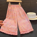 Bear Leader Children's Clothing Girls' Pink Clothing Summer Lace Contrasting Plaid Tank Top+Wide Leg Pants Two-piece Sets - M & M Global