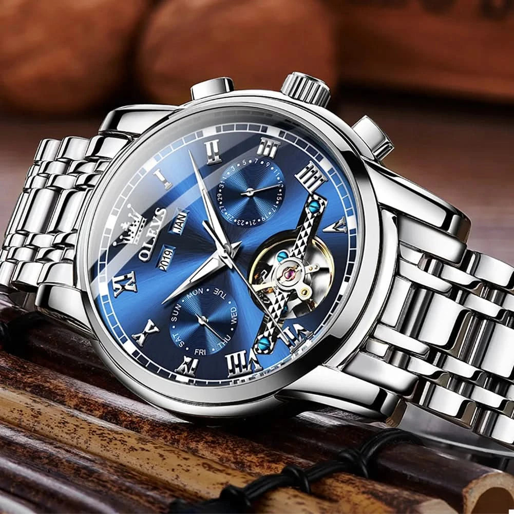 OLEVS Men's Watches Automatic Mechanical Business Wristwatch Waterproof Stainless Steel Strap Watch for Man Skeleton Calendar - M & M Global