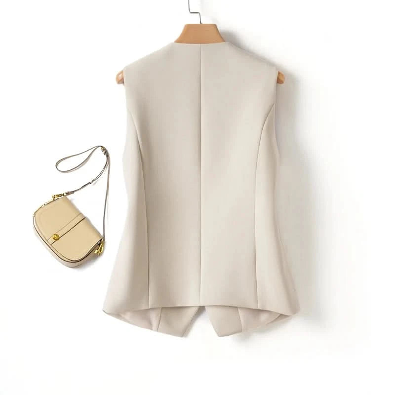 Solid Color Short Vest Women's Spring & Fall Fashion V Neck Diagonal Button Versatile Workplace Elegant Vest Jacket Top - M & M Global