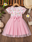 Girls' Fashionable and Simple Summer Outfit, Little Girl's Floral All-Over Print Mesh Cinched Waist Mid-Length Dress, Girls' Everyday Versatile Stylish Sweet and Energetic Children's Clothing, Young Girl's Outdoor Travel Eleg