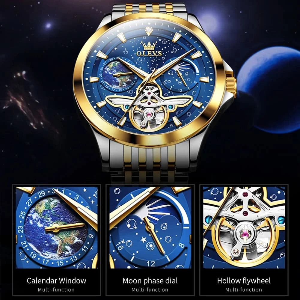 OLEVS Luxury Brand Men's Watches Luminous Waterproof Fully Automatic Mechanical Watch Starry Sky Dial Moon Phase Hollow Out - M & M Global