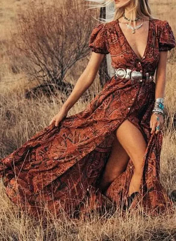 TEELYNN boho long dress Vintage 2023 floral print Chiffon three quarter sleeve v-neck summer Gypsy Hippie women dresses vestidos - M & M Global