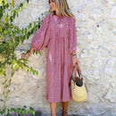 Summer Puff Sleeve Long Dress Women Geometric Print Half Sleeve Dress Boho V-Neck Loose Holiday Beach Dress Vestidos - M & M Global