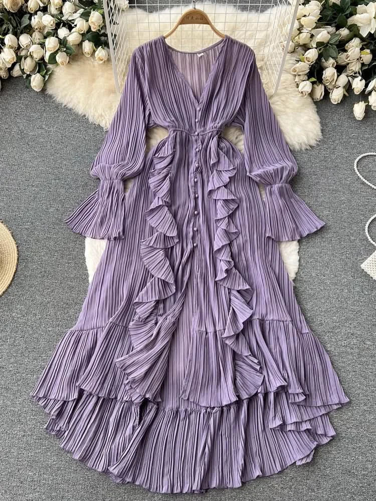Purple/Brown/Red Chiffon Pleated Long Dress Women Vintage V-Neck Flare Sleeve Draped Ruffle Vestido Female Maxi Robe Spring Fall - M & M Global