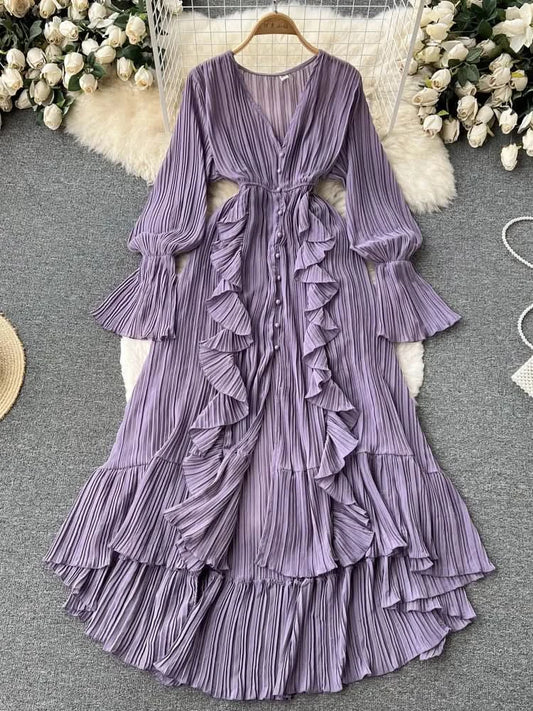 Purple/Brown/Red Chiffon Pleated Long Dress Women Vintage V-Neck Flare Sleeve Draped Ruffle Vestido Female Maxi Robe Spring Fall - M & M Global