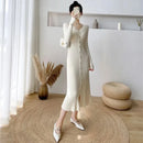 Lucyever Elegant Knitted Long Dress for Women Korean Chic Buttons Slim Fit Midi Dresses Female Streetwear V Neck Party Vestidos - M & M Global