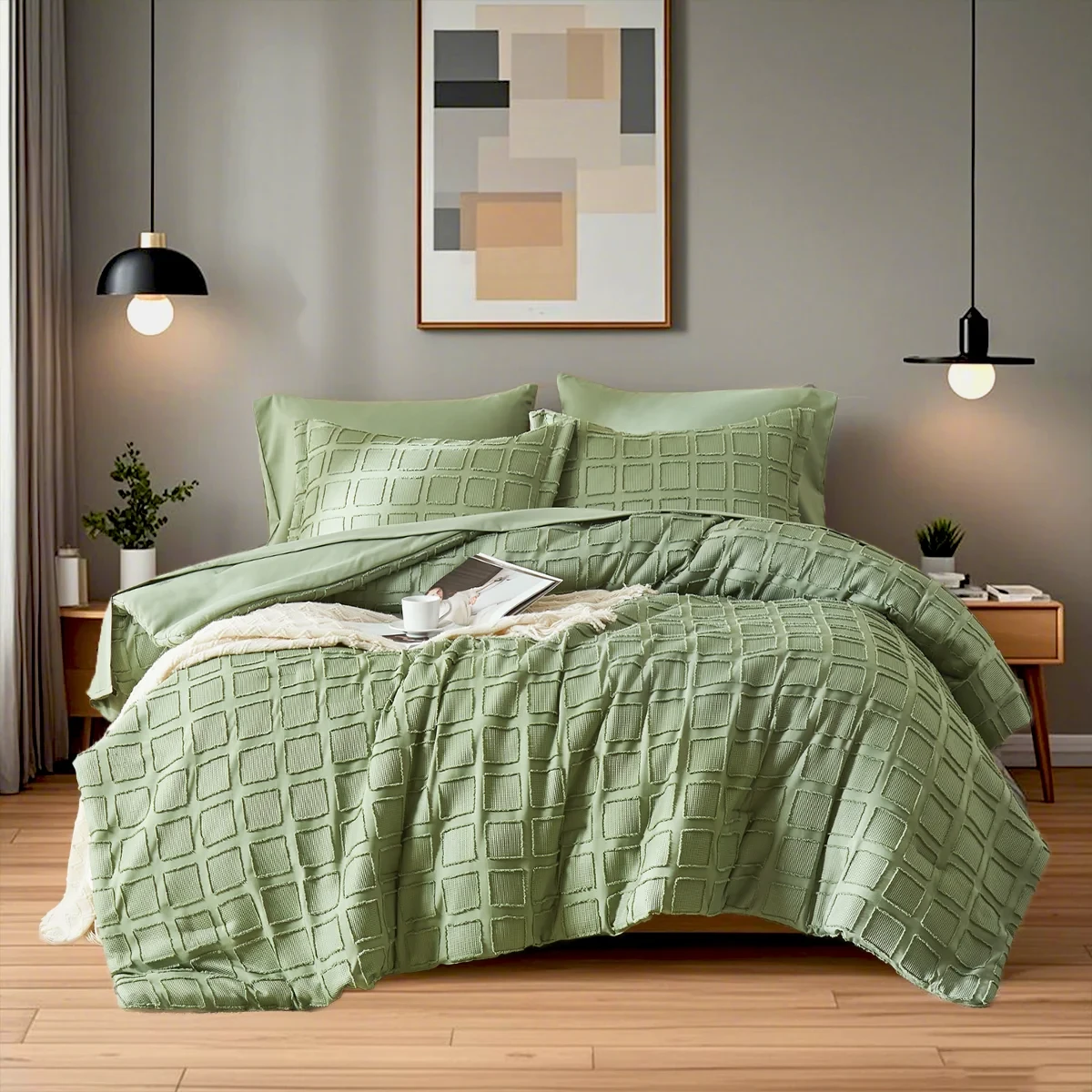Green checkered bedding set on a bed in a bedroom with abstract art on the 
wall.
Floral textured comforter

Ultra-soft microfiber comforter

Cut flower design bedding

All-season quilt set

Lightweight comforter set

Solid color bed set

Machine washable bedding

Fade-resistant bedding

Cozy bedroom gift set