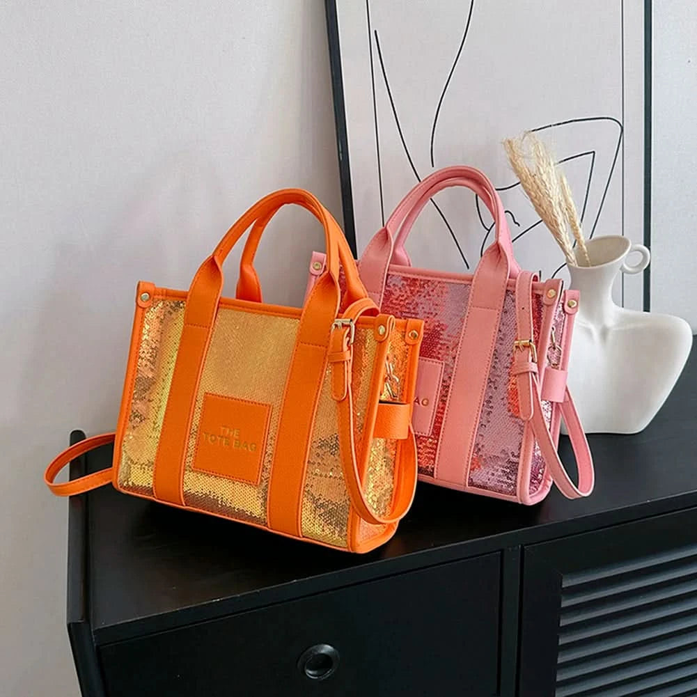 New The Tote Bag Letter Printed Sequins Top-Handle Bag Women Leather Handbag Luxury Designer Glitter Shoulder Crossbody Bag - M & M Global