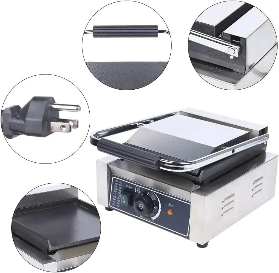 Commercial 1800W Panini Press Grill, Dual-Sided Electric Griddle Machine with Non-Stick Surfaces, Adjustable Temperature Control - M & M Global