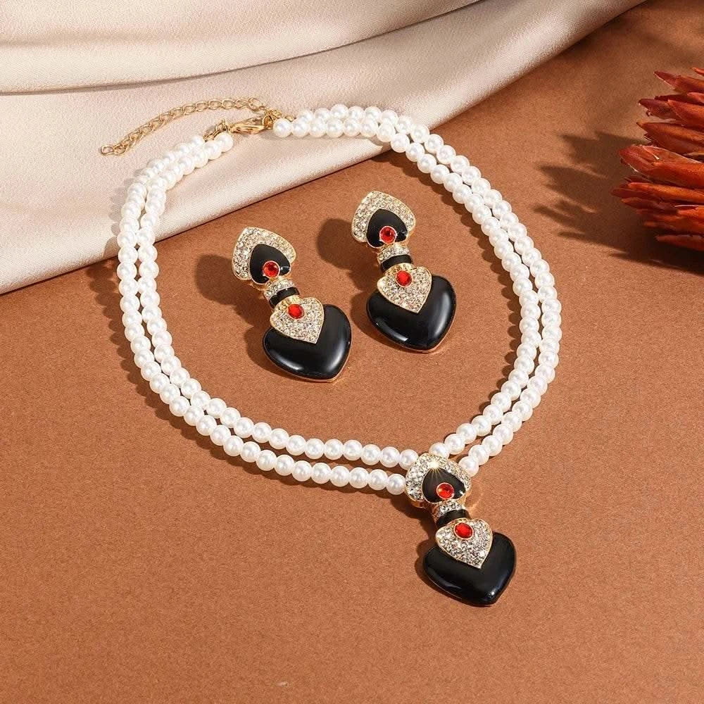 Bride Wedding Jewelry Set Elegant Enamel Rhinestone Love Imitation Pearl Beaded Necklace and Earrings Women's Party Accessories - M & M Global