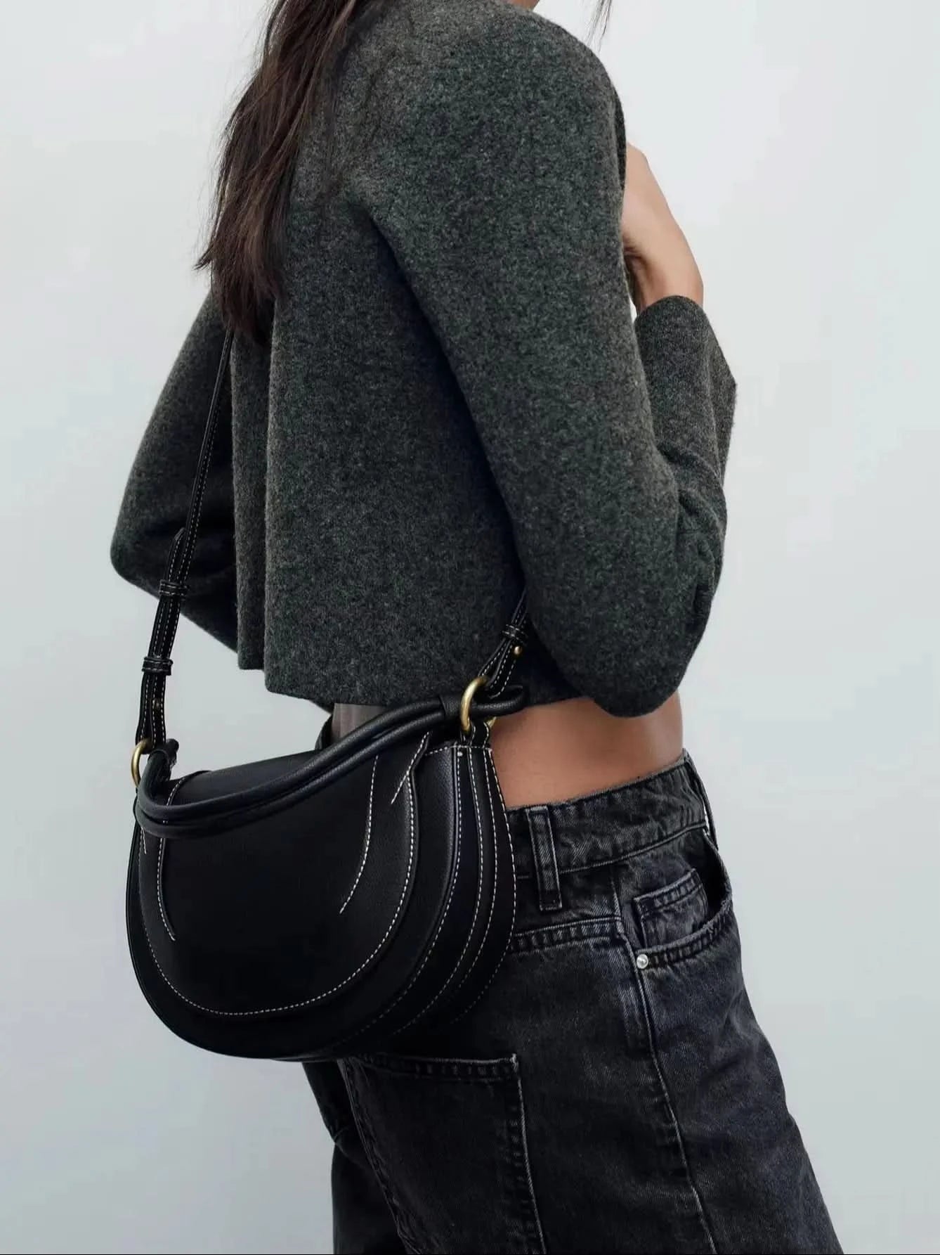 Autumn and winter new women's bag handbag advanced color contrast line embellished single shoulder crossbody bag - M & M Global