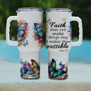 40oz Faith Quote Tumbler with Butterfly Art, Vacuum Insulated Stainless Steel with Handle and Wide Mouth, Gift for Christian Wom