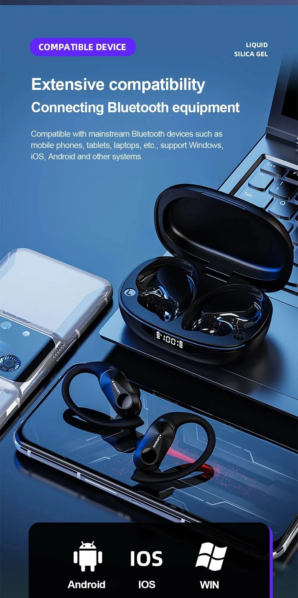 Lenovo LP75 Sports Wireless Earphones with Mics,Button Control, LED Power Display,Hifi Stereo Sound Bluetooth 5.3 TWS Headphones - M & M Global