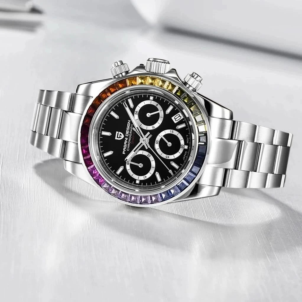 2023 PAGANI DESIGN New Rainbow Bezel Sport Watch Men Quartz Stainless Steel 100MWaterproof Mens Watch VK63 Sapphire Chronograph - M & M Global