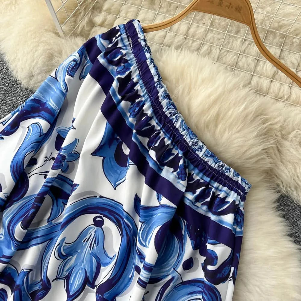 Summer Long Dress Women Runway Blue And White Porcelain Asymmetry Sexy Off The Shoulder Ruffles Hem Loose Robe Maxi Vestidos - M & M Global