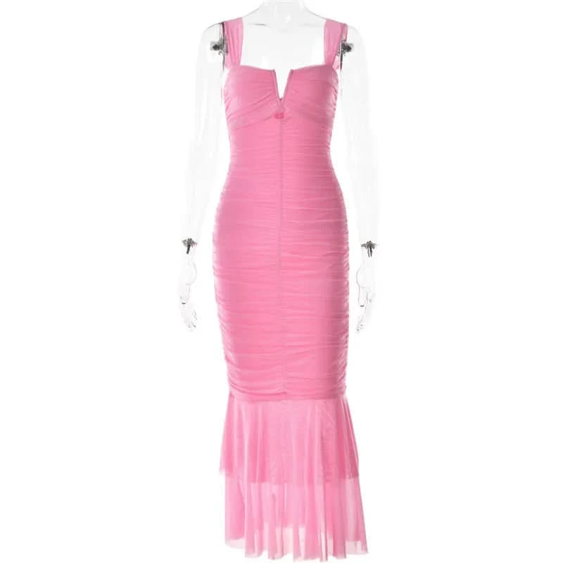 Mozision Hollow Out Backless Ruched Maxi Dress For Women Robe Elegant Spaghetti Strap Sleeveless Bodycon Party Long Dress - M & M Global