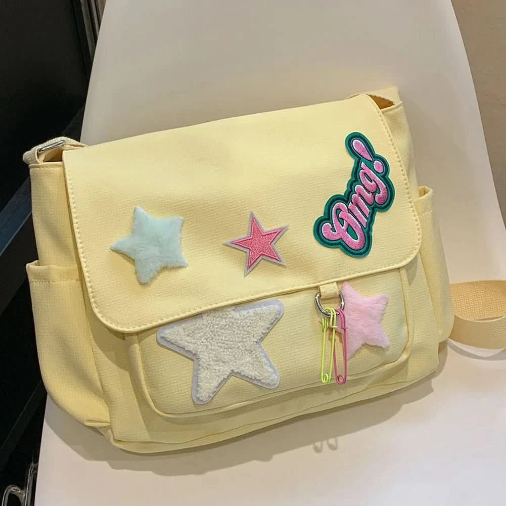Women Cute Messenger Bag Large Capacity Canvas Student School Bag Star Letter Applique Candy Color Leisure Travel Outdoor Bag - M & M Global