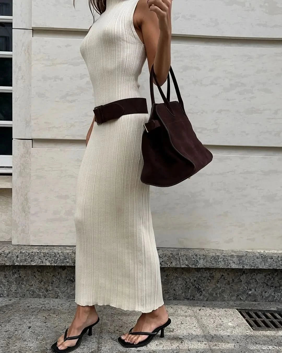 Tossy Sleeveless Knitwear Turtleneck Long Dress Female Slim Elegant Fashion Autumn 2023 Ribbed Knit Dress For Women Maxi Dress - M & M Global