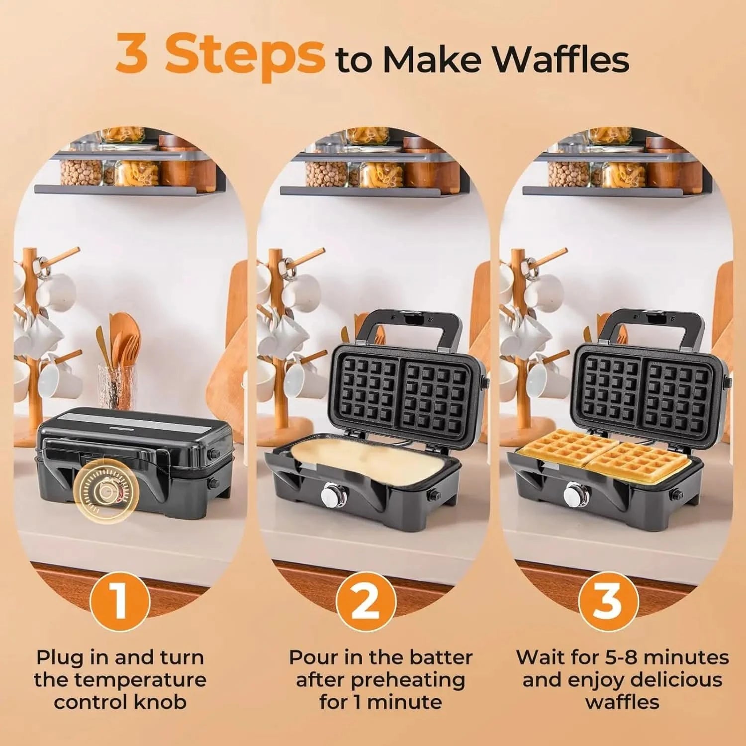 3 in 1 Waffle Maker, 1082W Electric Panini Press Grill w/Non-stick Plates, Indicator Lights, Cool Touch Handle, Sandwich Maker w - M & M Global