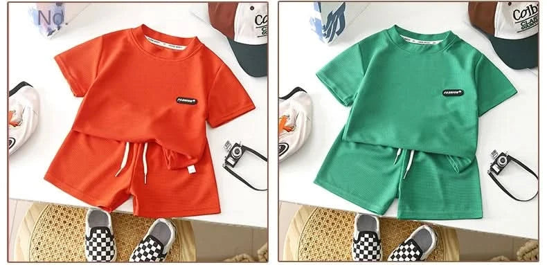 New Summer Children's Casual Set for Boys Girls Loose Short Sleeved Waffle Breathable and Comfortable Set - M & M Global