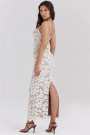 Mozision Floral Embroidery Sexy Maxi Dress For Women Fashion Spaghetti Strap Sleeveless Backless Lace-up Club Party Long Dress - M & M Global