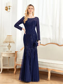 Elegant Long Sleeves Sequin Tulle Evening Dresses 2025 Women Luxury Mermaid Formal Bridesmaid Party Maxi Prom Dress