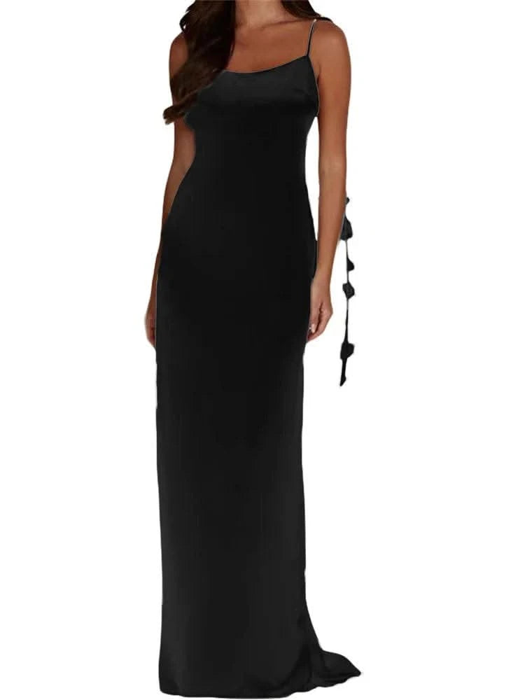 CHRONSTYLE Satin Backless Spaghetti Strap Long Dress for Women Sexy Backless 3D Flower Tassels Dress Party Cocktail Y2K Vestidos - M & M Global