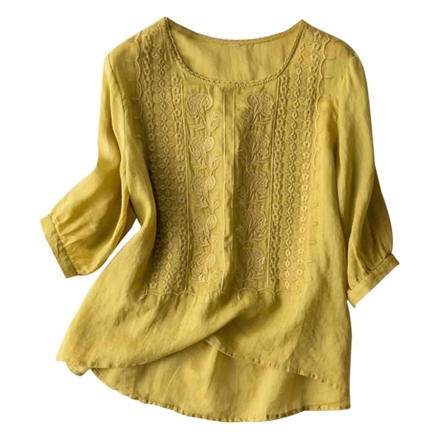 Cotton Linen Blended Summer Blouse Women Embroidered Floral Thin Long Sleeve Blouses Round Neck Loose Female Top - M & M Global
