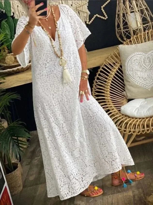 2025 Spring Lace Women Long Dress White V-neck A-line Elegant Dresses Female Summer New Fashion Casual Beach Cloths Ladies - M & M Global