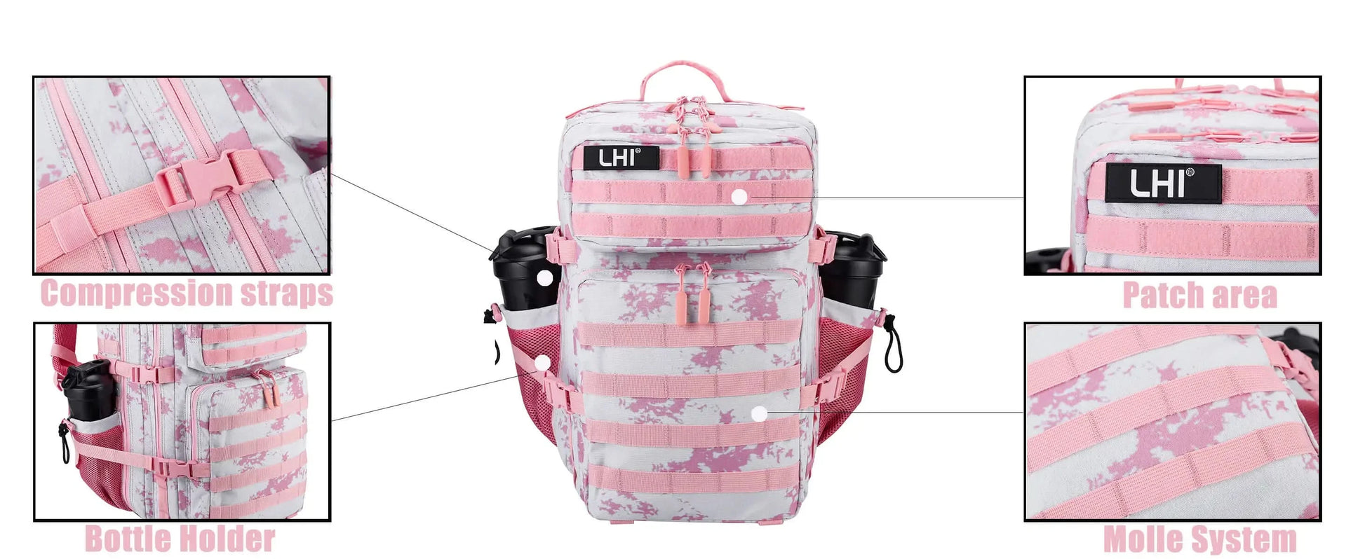 LHI 45L Tactical Backpack Waterproof Tie-Dye Sports Travel Daily Gym Rucksacks Weekend Overnight Daypack With Bottle holder - M & M Global