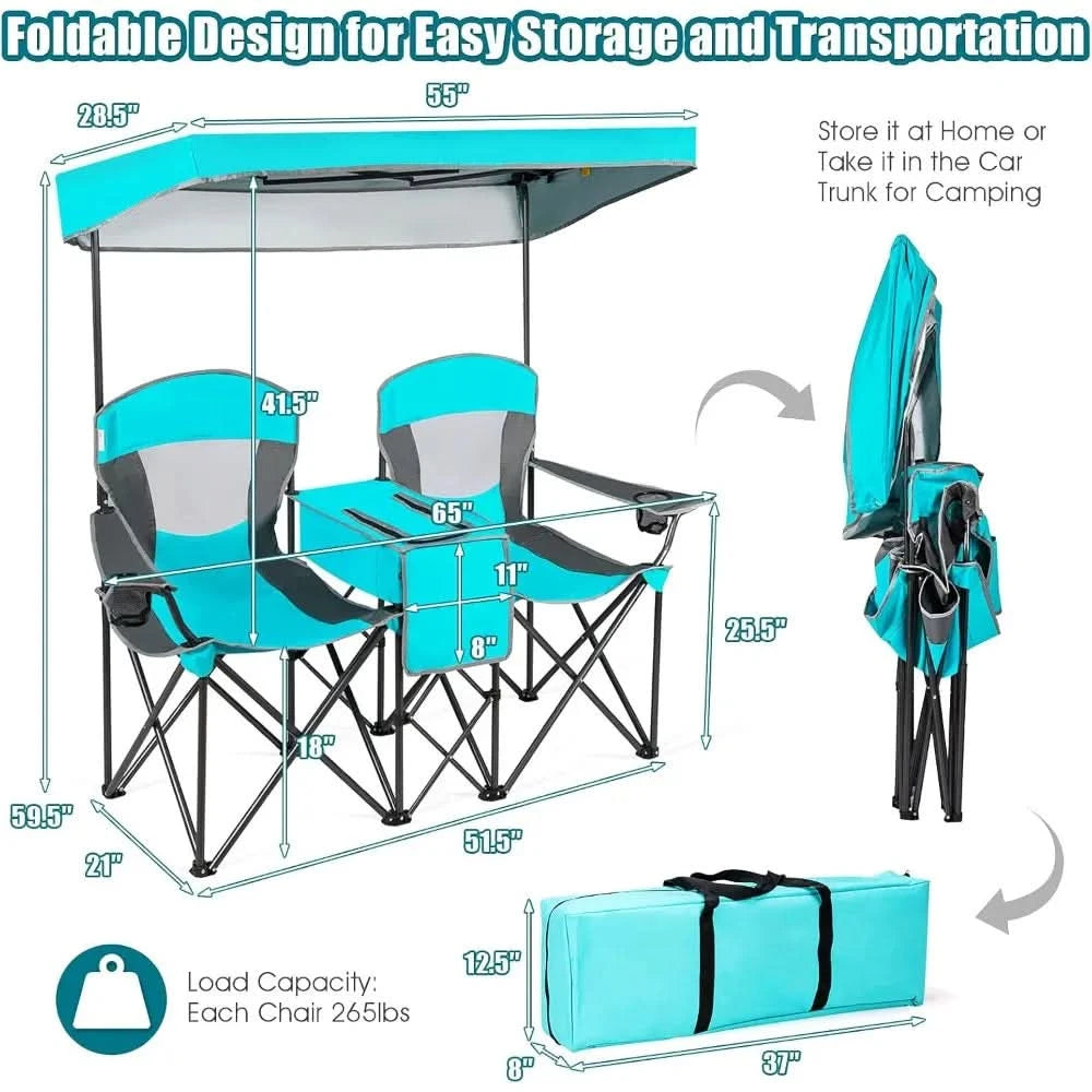 Double Camping Chair w/Shade Canopy, 2-Person Folding Camp and Beach Chair with Mini Table Beverage Cup Holder - Free Delivery