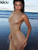 kliou Shiny Long Dress Stunning Women Solid Summer Thin Mesh Sheer Backless Sleeveless Bodycon Female Elegant Fashion Vestidos - M & M Global