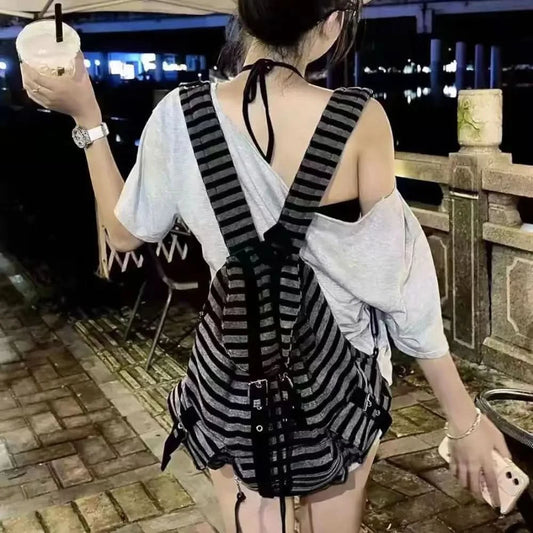High Quality Korean Style Backpacks Drawstring Design Large Capacity Casual Bookbags Soft Flat Stripe Tote Bags - M & M Global