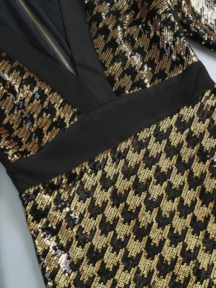 Sexy V Neck Bird Lattice Sequins Maxi Dress Women Black Gold Sequin Long Sleeves Bocycon Long Dress Runway Evening Party Gown - M & M Global