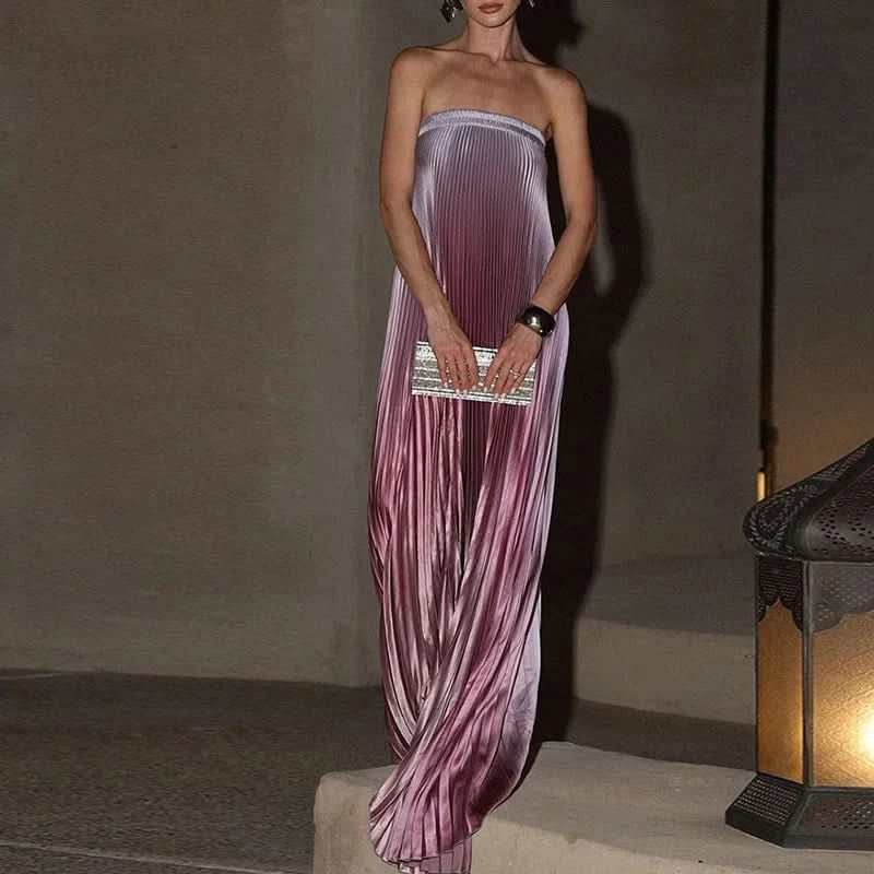 Elegant Sleeveless Off Shoulder Gradient Long Dress Women's Fashion Backless Folds Gala Gowns New Female Irregular Evening Dress - M & M Global