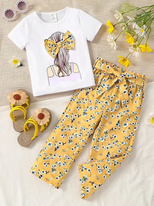 Girls Summer 2-Piece Set Cartoon Print T-Shirt & Floral Straight Leg Pants Breathable Kids Clothing Casual Outfit Fashion - M & M Global