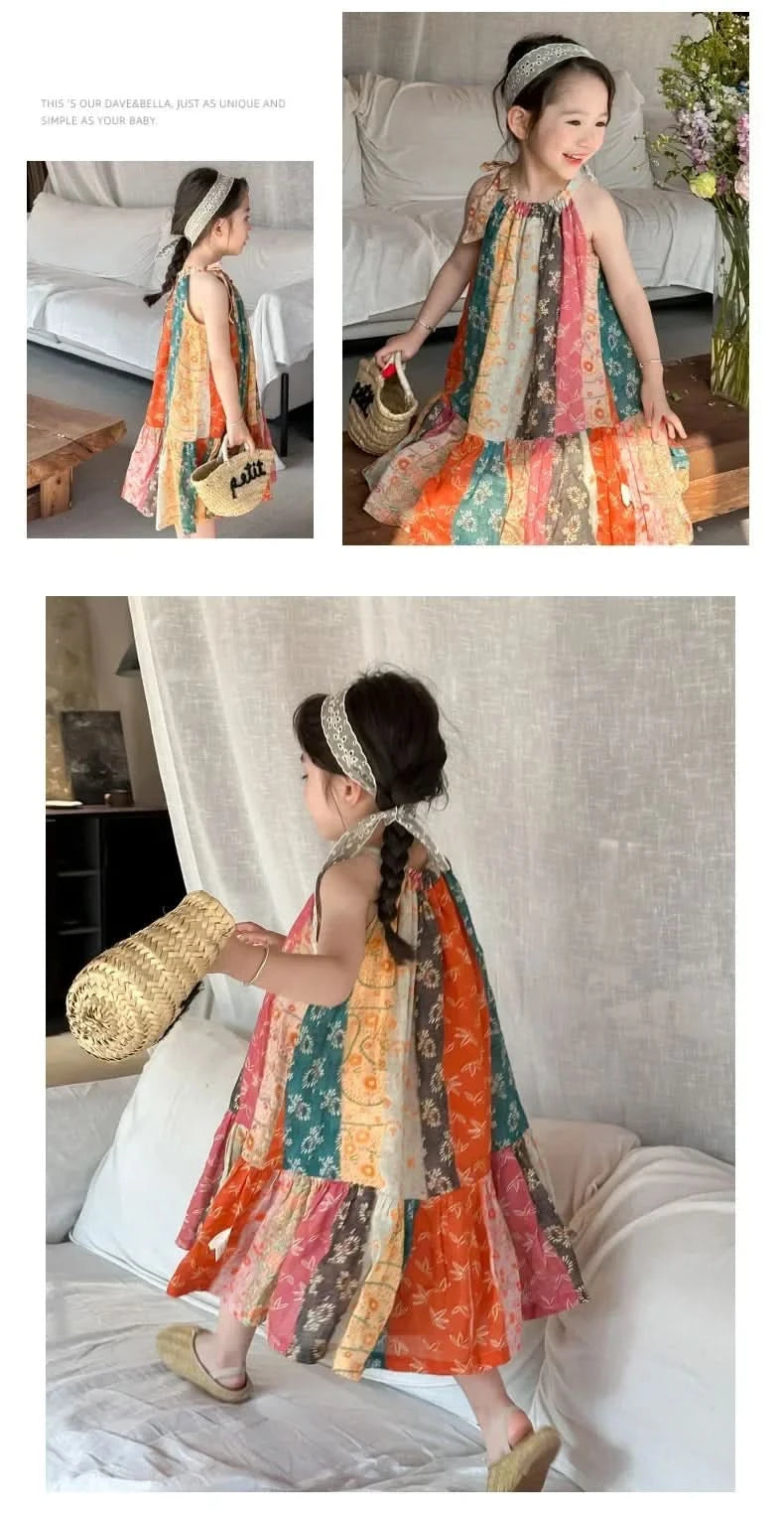 Girls Casual Dresses Floral Print Halter Sleeveless Top Girls Dress Kids Clothes for 2 To 7 Years Chinese Traditional Dress - M & M Global