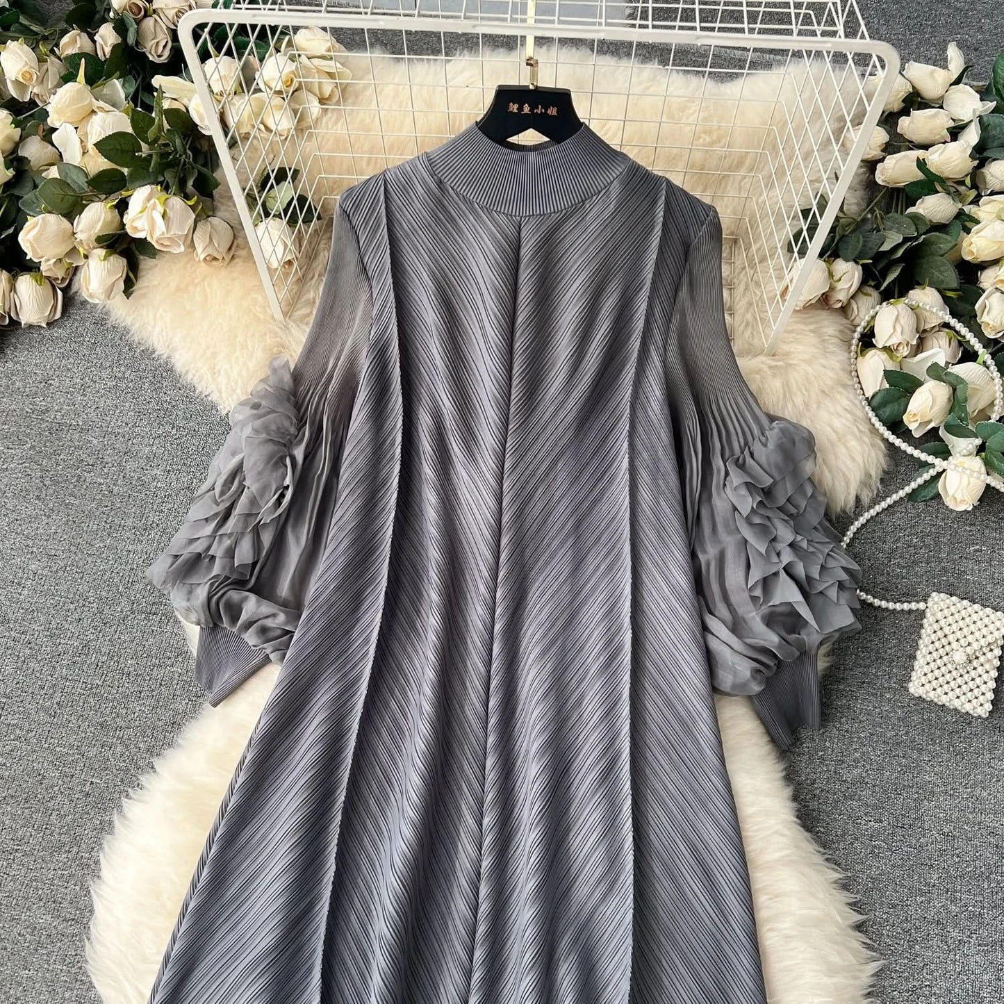 Sweet Pleated Vintage Three-dimensional Flower Loose Long Dress Chic Evening Korean Fashion Fashion Women Summer Dresses - M & M Global