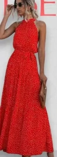 Summer Floral Print Halter Neck Dresses For Women Sleeveless Leace-up Long Dress Casual Beach Holiday Vestidos Female Clothing - M & M Global