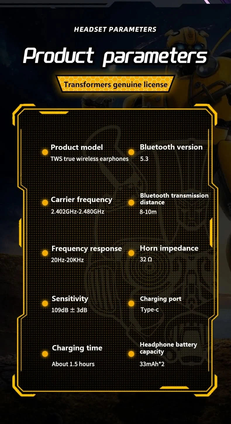Ship From US Transformers TF-T01 Gaming Earphones Bluetooth 5.4 ENC Noise Reduction Headphones HD Call Music Earbuds Bumble Bee