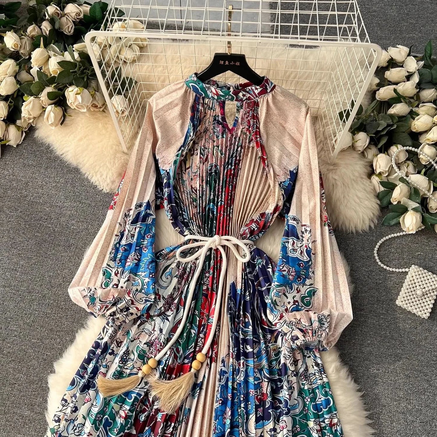 Spring Holiday Print Long Dress For Women Fashion Loose Lantern Sleeve Party Robe Female Big Swing Tassels Belt Pleated Clothes - M & M Global